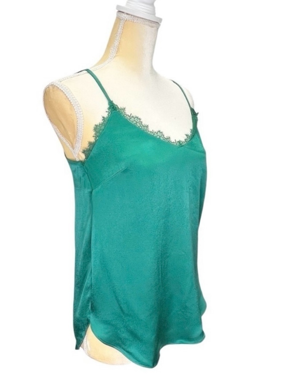 Floreat Anthropologie Emerald Green Satin Lace Cami Tank Size M